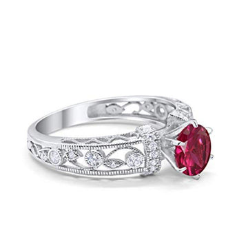 Art Deco Wedding Promise Ring Round Simulated Ruby CZ 925 Sterling Silver